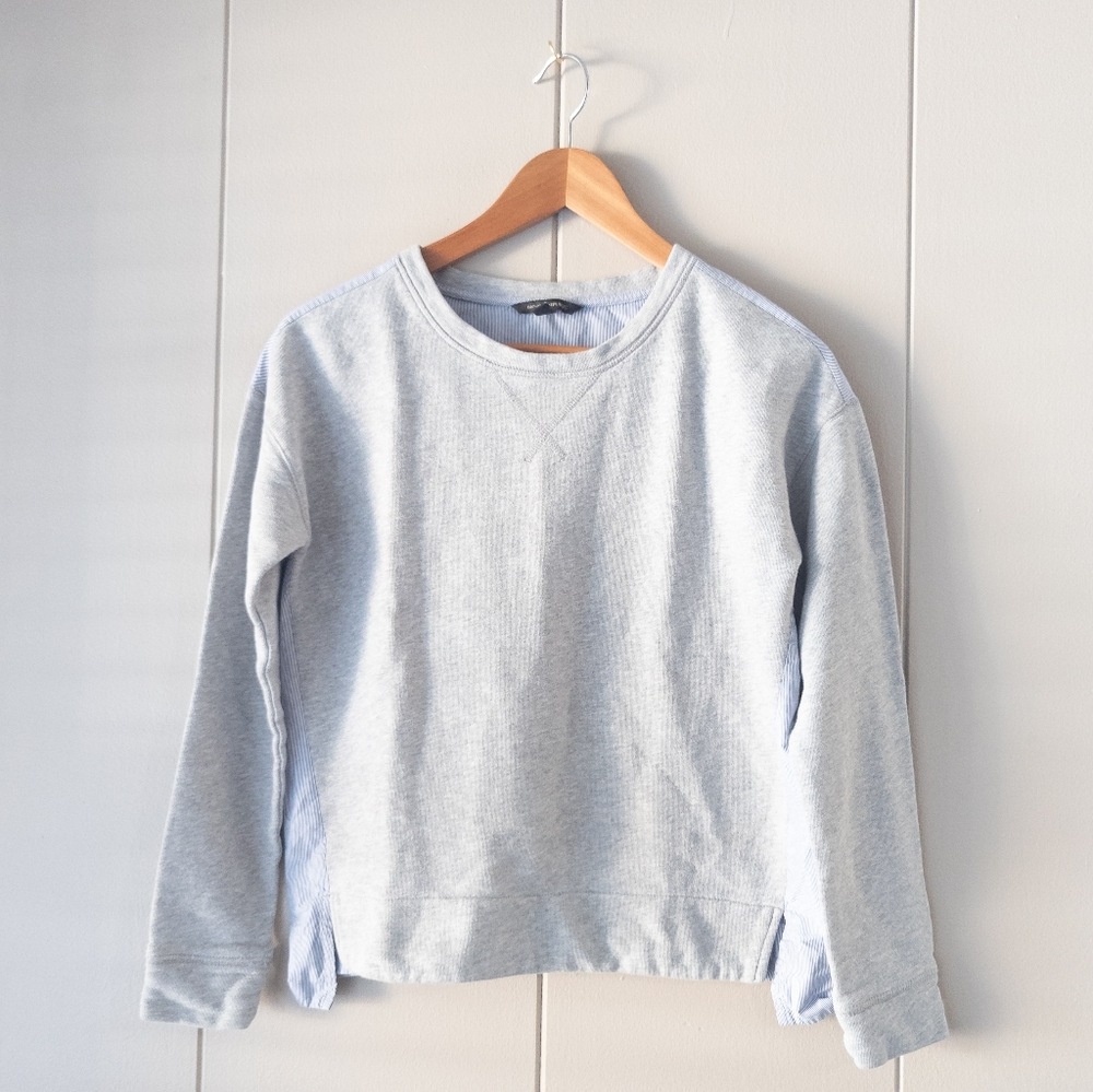 Banana Republic Mixed Media Striped Poplin Back Sweatshirt Grey - XS